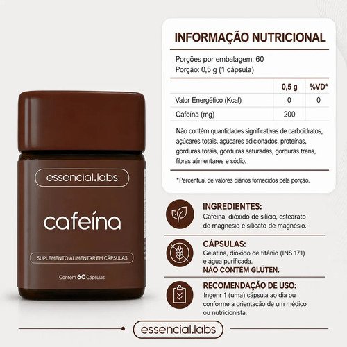 CAFEÍNA 100% PURA 200mg por Cápsula - 60 Cápsulas - Termogênico com Fórmula Concentrada para a Máxima Absorção