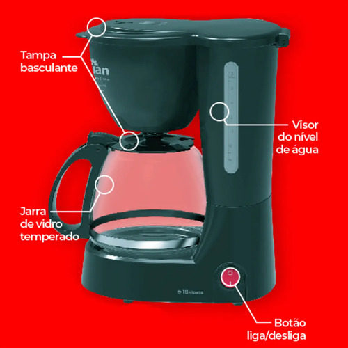 Cafeteira Elétrica De Vidro Café 18 Xicaras 600ml 650w Kian Cinza-escuro