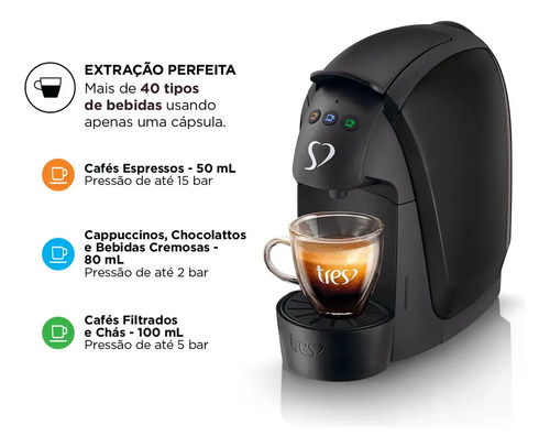 Cafeteira Espresso Luna Preta - TRES 3 Corações