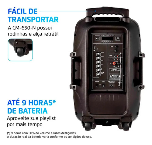 Caixa Amplificada Mondial CM-650-N 650W Bluetooth MIC Guitar