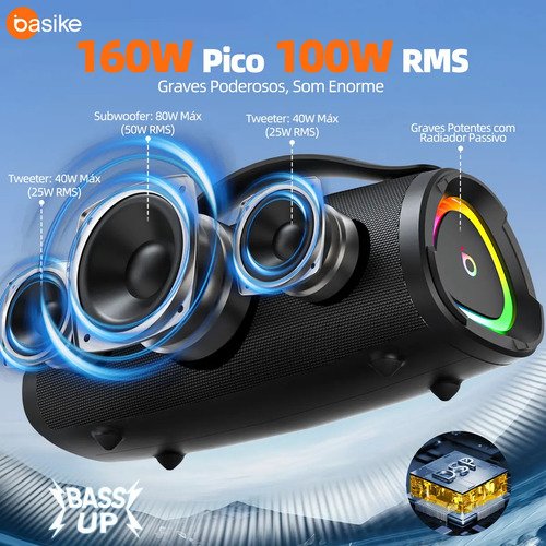 Caixa Bluetooth Portatil, Subwoofer Ativo, Boombox, 160w, Bluetooth 5.4, Estéreo Hifi, Tws 1+1, 10000mah, Bateria 15 Horas(65b Spl), Ipx6, Com Rgb, Powerbank Para iPhone E Samsung, Cor Preto