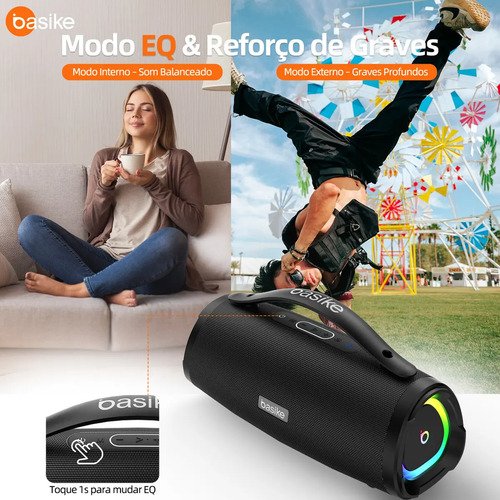 Caixa Bluetooth Portatil, Subwoofer Ativo, Boombox, 160w, Bluetooth 5.4, Estéreo Hifi, Tws 1+1, 10000mah, Bateria 15 Horas(65b Spl), Ipx6, Com Rgb, Powerbank Para iPhone E Samsung, Cor Preto