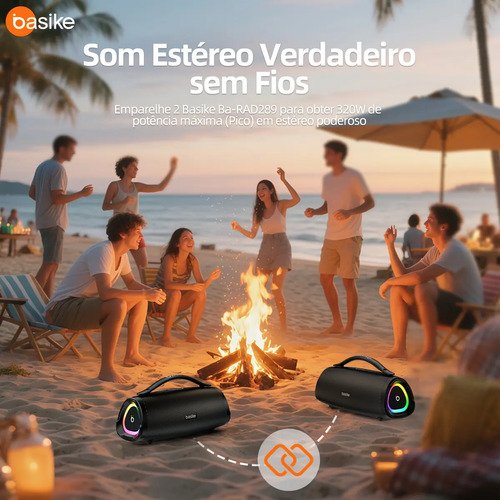 Caixa Bluetooth Portatil, Subwoofer Ativo, Boombox, 160w, Bluetooth 5.4, Estéreo Hifi, Tws 1+1, 10000mah, Bateria 15 Horas(65b Spl), Ipx6, Com Rgb, Powerbank Para iPhone E Samsung, Cor Preto