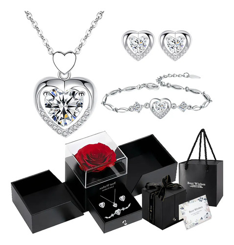 Caixa De Presente Com Colar Feminino De Coração E Rosas, Colar, Pulseira E Brincos Femininos No Formato De Coração Conjunto, Um Presente Para Mulheres No Dia Dos Namorados, Dia Das Mães E Natal.