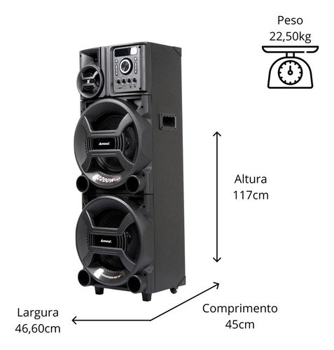 Caixa de Som Amplificada Amvox ACA 2201 Pesadão Black 2200W Woofer 12" Bivolt