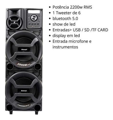 Caixa de Som Amplificada Amvox ACA 2201 Pesadão Black 2200W Woofer 12" Bivolt
