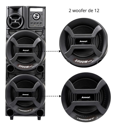Caixa de Som Amplificada Amvox ACA 2201 Pesadão Black 2200W Woofer 12" Bivolt