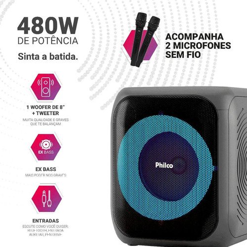 Caixa de Som Amplificada Philco Extreme Bluetooth 5.3 480W 2 Microfones TWS Flash Light Bateria Recarregável PCX4801