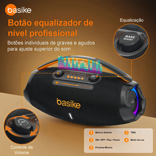 Caixa De Som Basike Ba-RAD207 80W Rádio FM Bluetooth 5.3 TWS RGB Bass Boost 9000mAh