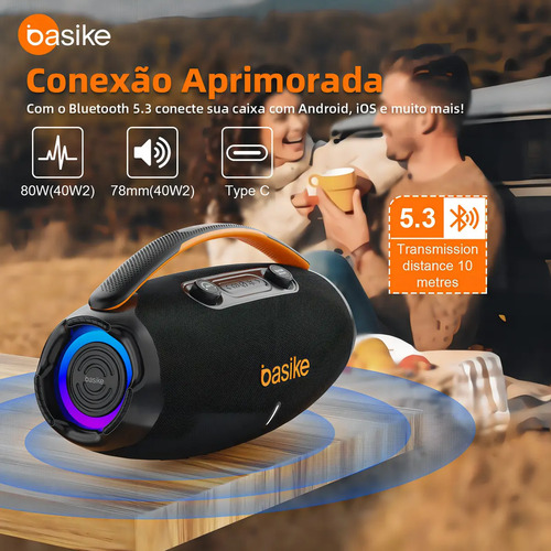 Caixa De Som Basike Ba-RAD207 80W Rádio FM Bluetooth 5.3 TWS RGB Bass Boost 9000mAh