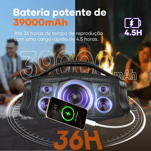 Caixa de som bluetooth 200w 39000mah eq ipx6 Sabala DRa-909 cor preto