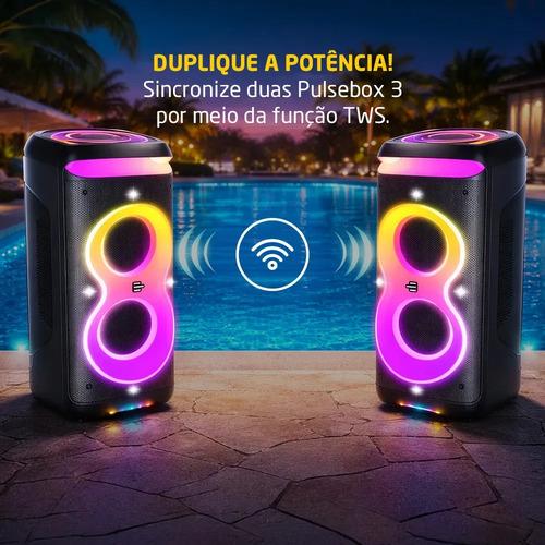 Caixa de Som Bluetooth PulseBox 3 1400W TWS Karaoke LED Preto - SP511