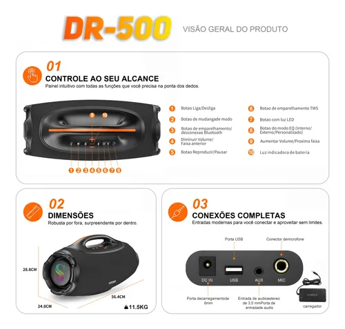 Caixa De Som Bluetooth6.0 Sabala Dr500 500w81000mah Boombox