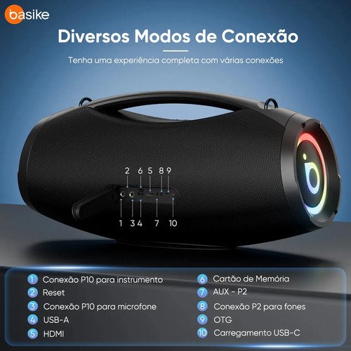 Caixa de Som Boombox Basike 500W Bluetooth, para Festa, com Graves Forte e RGB IPX6