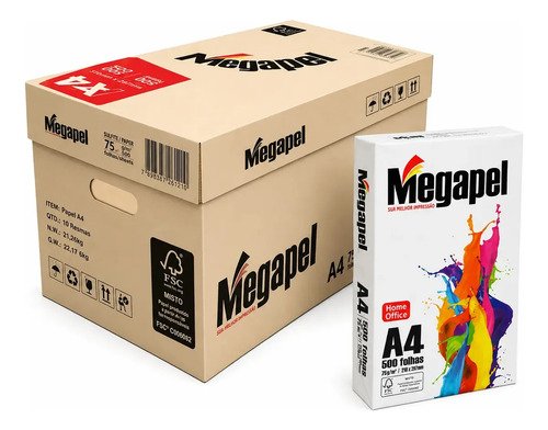 Caixa Papel A4 Sulfite Megapel 75g 5000 Folhas 10 Pacotes Branco