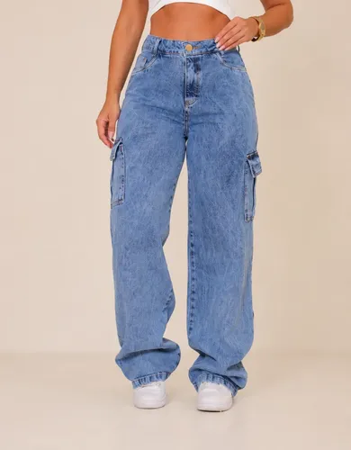 Calca cargo jeans feminina wide leg cintura alta stillger