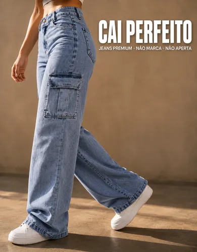 Calça Cargo Jeans Feminina Wide Leg Cintura Alta Stillger