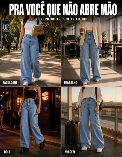 Calça Cargo Jeans Feminina Wide Leg Cintura Alta Stillger