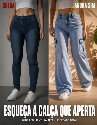 Calça Cargo Jeans Feminina Wide Leg Cintura Alta Stillger