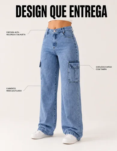 Calça Cargo Jeans Feminina Wide Leg Cintura Alta Stillger