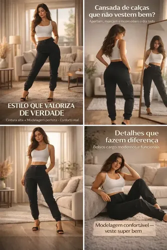 Calça Cargo Jogger Jeans Feminina Com Bolso Lateral Premium