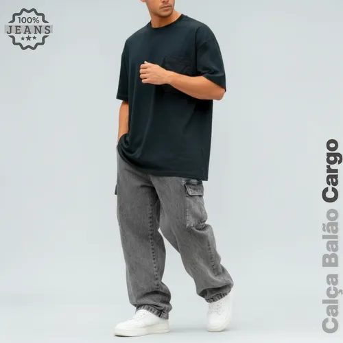 Calca jeans cargo masculina streetwear preta mescla 34 ao 44