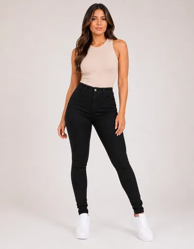 Calca jeans feminina cintura alta lycra skinny preta basica