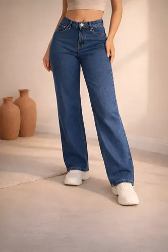 Calca jeans feminina wide leg cintura alta pantalona