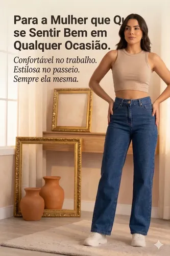 Calça Jeans Feminina Wide Leg Cintura Alta Pantalona