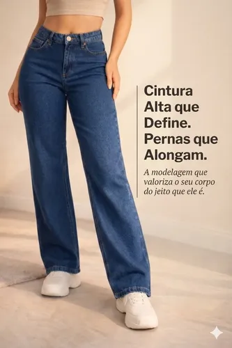 Calça Jeans Feminina Wide Leg Cintura Alta Pantalona
