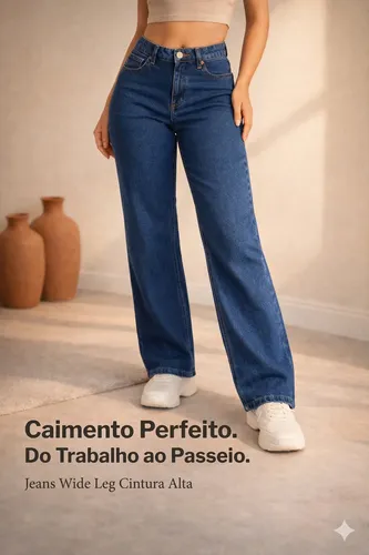 Calça Jeans Feminina Wide Leg Cintura Alta Pantalona