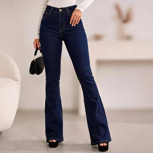Calca jeans flare feminina cintura alta com elastano