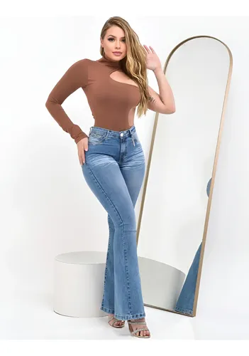 Calça Jeans Flare Feminina Cintura Alta Elastano Blogueira