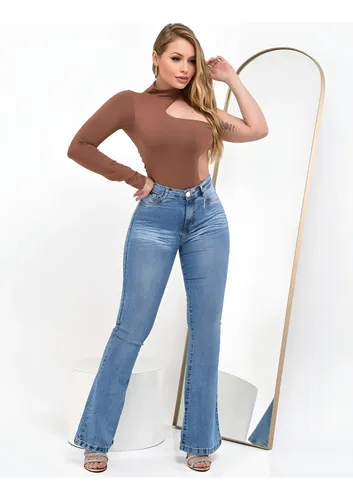 Calça Jeans Flare Feminina Cintura Alta Elastano Blogueira