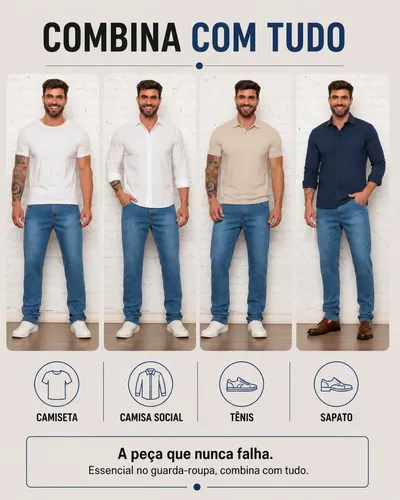 Calça Jeans Masculina Tradicional Corte Reto