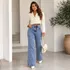 Calca jeans pantalona wide leg feminina cintura alta larga 1