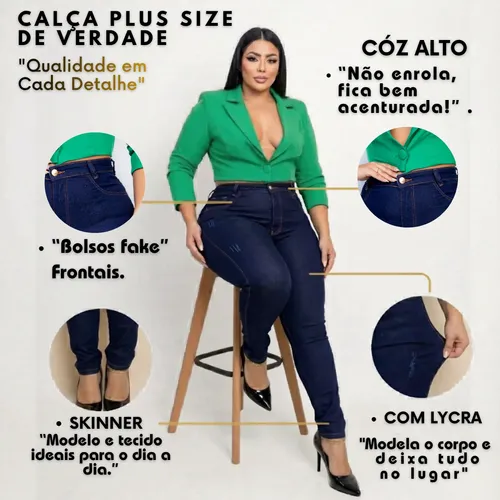 Calça Jeans Plus Size Cintura Alta Elastano Lycra Modeladora