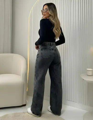 Calça Jeans Wide Leg Feminina Cintura Alta Pantalona