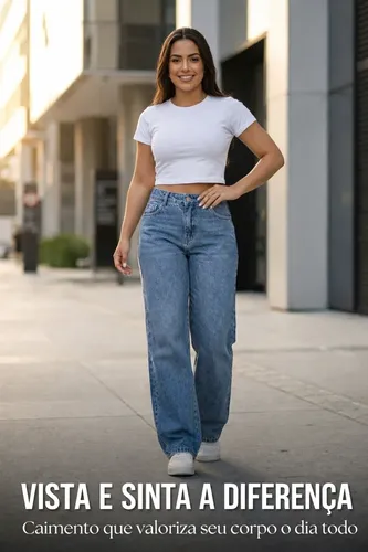 Calça Jeans Wide Leg Feminina Cintura Alta Sem Lycra Stillge