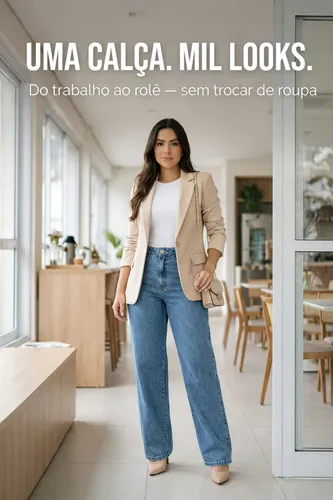 Calça Jeans Wide Leg Feminina Cintura Alta Sem Lycra Stillge