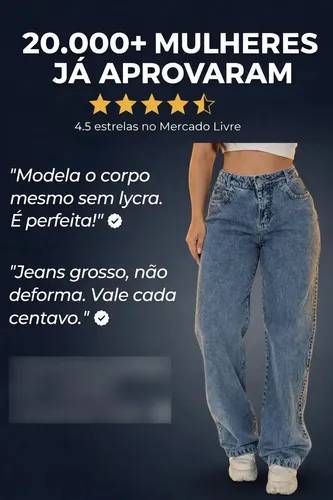 Calça Jeans Wide Leg Feminina Cintura Alta Sem Lycra Stillge