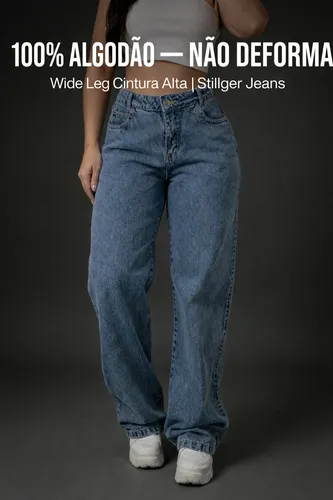 Calça Jeans Wide Leg Feminina Cintura Alta Sem Lycra Stillge