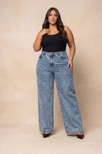 Calca jeans wide leg feminina plus size destroyed