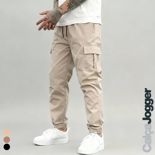 Calca jogger cargo masculina sarja calca streetwear punho 1