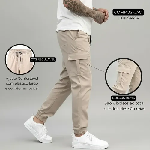 Calça Jogger Cargo Masculina Sarja Calca Streetwear Punho
