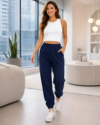Calca moletom feminina jogger cos alto bolso lateral