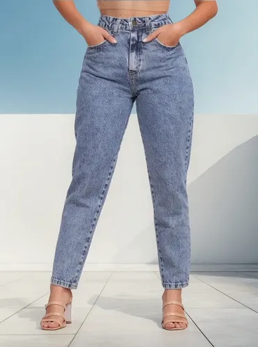 Calca mom jeans feminina cintura alta marmorizada 1