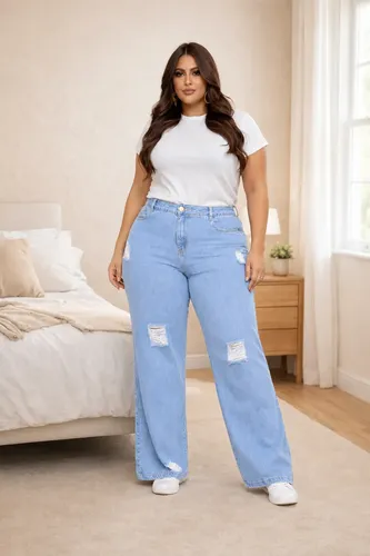 Calca plus size jeans feminina wide leg levanta bumbum