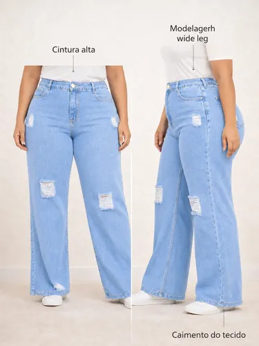 Calça Plus Size Jeans Feminina Wide Leg Levanta Bumbum