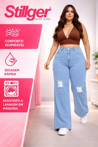Calça Plus Size Jeans Feminina Wide Leg Levanta Bumbum